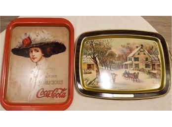 Two Decorated Contemporary Metal Tray Remakes - Coca-Cola (1971) And Currier & Ives American Homestead Winter