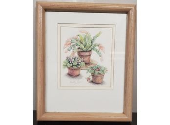 Original Color Pencil Drawing Of Three Potted Flowering Plants Hand-Signed By Hedy Swartz Of Staten Island, NY