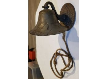 Antique Wall Mount Brass Ship's Bell With Old Rope Pull &  ' Rope Swirl Formed Mount Plate