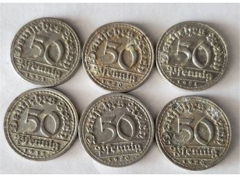 Six German / Weimar Republic- Coins Dated 1919 - 1921   50 Deutsches Reich Pfennig - All 'Ds'