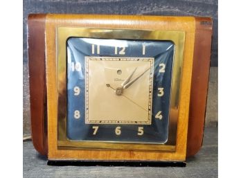 Antique Art Deco Design Telechron Working Electric Clock - Two-tone Wood & Brass Accents