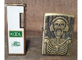 2 Unique Cigarette Lighters - Vintage Kool Filter Kings (cigarette Pack Form) & A Bohai Skeleton & Headphones