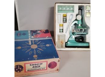 Vintage Tasco Microscope Kit In Original Box With Accessories #992 Discoverer Has 75X, 150X, And 450X