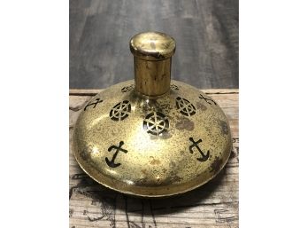 Vintage Brass Ships Decanter With Glass Bottle Interior