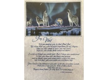 The Grey Wolf Spirit Animal Native American Poem, Framed Wolf Portrait. O. Fred Donaldson, Poet