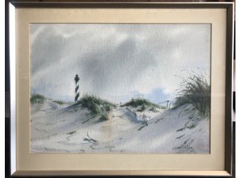 Lovely Framed Watercolor -Signed & Dated-Wayne Fuleher Island Beach Reeds Sandy Reeds & Light House Circa 1970