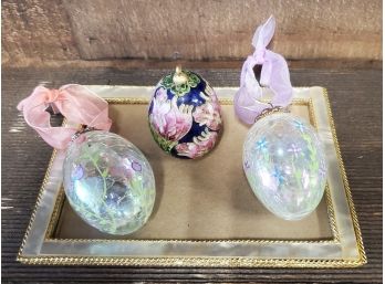 Three Vintage Hand- Painted Glass (2) & Wood Ornamental Eggs - Lovely Flowers & Glass Crackle