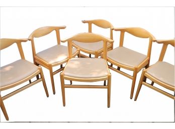 Great Lot Of 6 Mid Century Modern Wooden Chairs With Soft Leather Seats