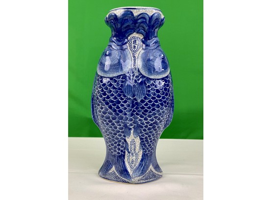 Large Blue And White Nantucket Double Fish Form Vase