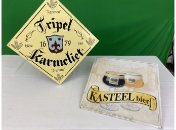 Two Unframed Beer Signs On Tin And Board