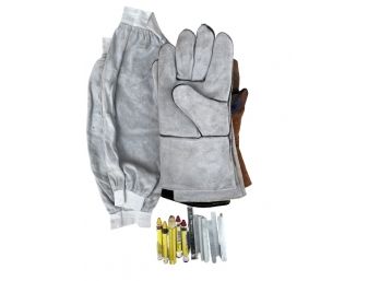 3 Pairs Leather Weld Gloves And 1 Pair Of Leather Sleeves And Metal Marking Accessories