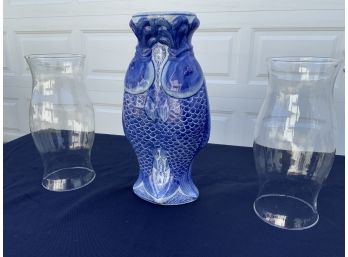 Fish Vase & 2 Hurricane Glasses For Candles