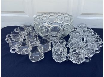 Vintage Moon & Stars Punch Bowl By Tiffin Franciscan & Glasses
