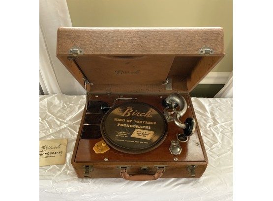 Vintage Birch Portable Suitcase Phonograpgh - Model 600 With Crank Shaft & Assorted Records