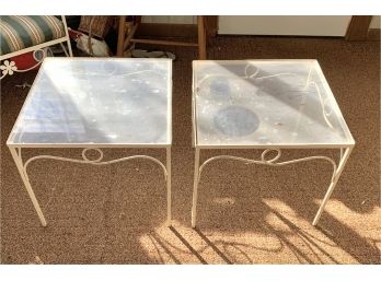 Pair Of Vintage Iron Patio End Tables W/ Glass Top