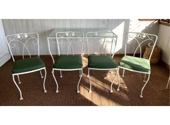 Vintage White Wrought Iron Patio Set W/ Four Chairs & Table With Maple Leaf Accents Possibly Salterini