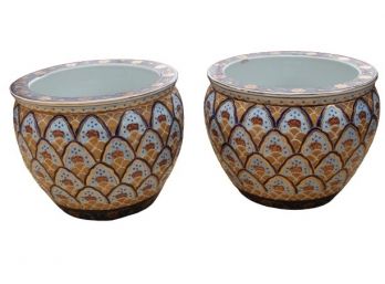 Pair Of Beautiful Ceramic Hand Painted Gold And Blue Planters