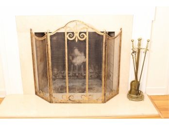 Distressed Gold Tone Fireplace Screen And Tool Set