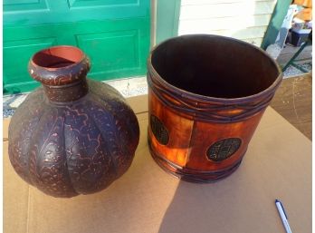 Lot Of 2 Items Waste Basket And Vase W/designs