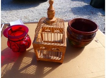 Lot Of 3  Items 2 Planters And On Small Bird Cage