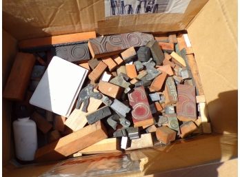 Large Box Lot Of 70 Plus Wood  And Metal Stamps Printers