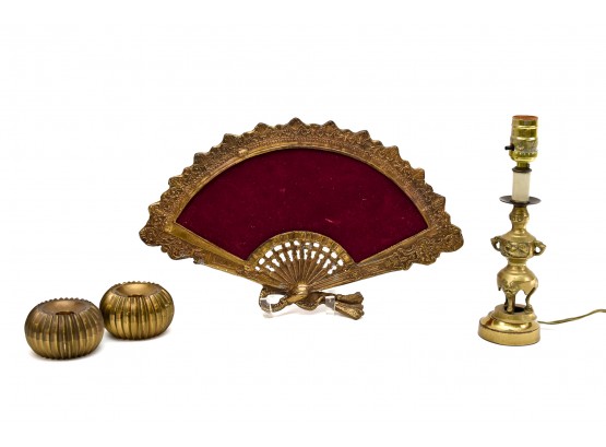 Collection Of Brass - Fan, Candle Holders And Lamp