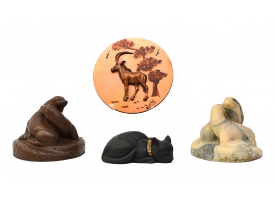 Artini Sculptures Of Seals, Cat And A Signed Bronze Sable Antelope