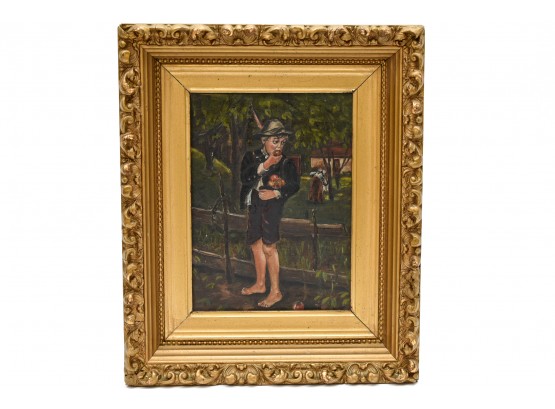 19th Century Signed Oil On Canvas Portrait Of A Young Boy Eating An Apple