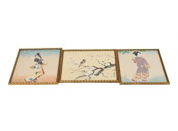 Three Signed Japanese Paintings On Silk Of Geisha Girls And A Bird Perched On A Tree