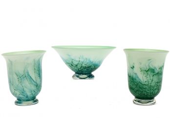 A Pair Of Large Hand Blown Glass Hurricanes And Matching Bowl