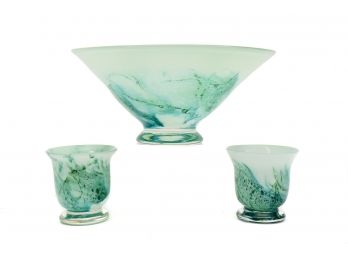 Hand Blown Glass Bowl And A Pair Of Small Hurricane Candle Holders