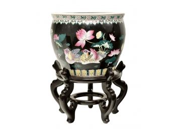 Signed Chinese Vase On A Wooden Stand