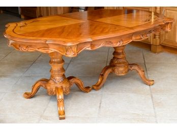 Double Pedestal Inlaid Carved Wood Dining Room Table With Two Leaves