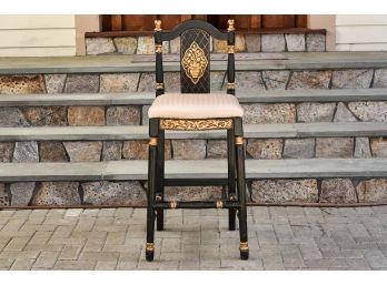 Black Painted Bar Height Stool With Gilt Accents And Upholstered Seat Cushion
