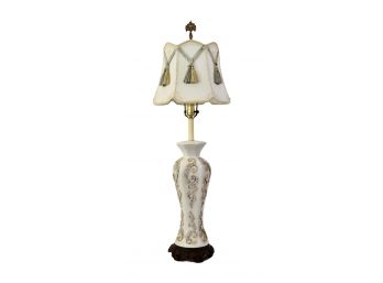 Vintage Table Lamp With Carved Wood Base And Tasseled Shade