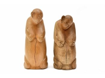 Pair Of Carved Wooden Monkey Sculptures