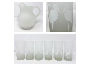 Vintage Midcentury Modern Georges Briard Frosted Glass Bird Tumblers And Pitcher