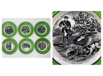 Antique 19th Century French Hunting Scene Plates By Degoin & Sarreguemines, Set Of 6