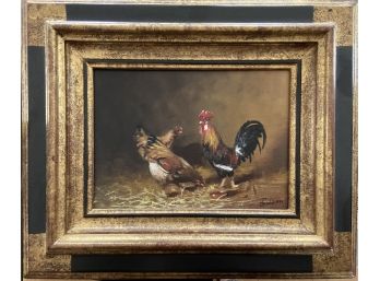 Vintage Artist Signed Chicken Painting, Framed