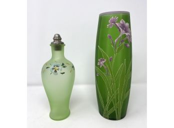 Vintage Floral Green Glass Bottle And Vase