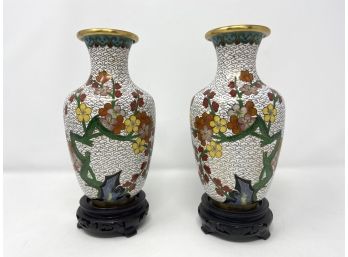 Pair Of Chinese Cloisonee Vases With Carved Wooden Stands