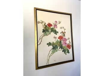 Vintage Chinese Floral Painting On Fabric, Framed