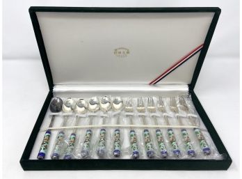 Korean Silver And Enamel 12-piece Spoon And Fork Set In Box