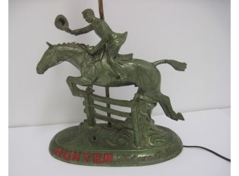 Vintage HUNTER WILSON DISTILLING First Over The Bars Whiskey Advertising Statue Lamp