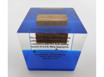 Nuclear Sub U.S.S Columbia Piece Of Keel Block Used To Launch Lucite Paperweight