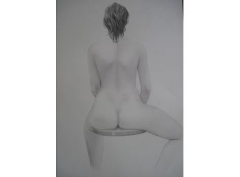 Full Body  Rear Facing Female Nude Sitting On Stool 'LISA' Graphite Drawing 18x24'