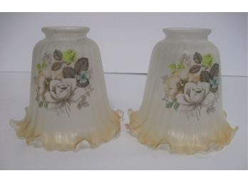 Pair Of Antique Hand Painted Frosted Glass Peach Ruffled Lamp Shades