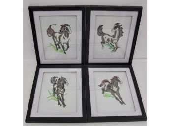 Nice Group Of 4 Vintage Chinese Watercolor Enhanced Framed Horse Paper Cuts