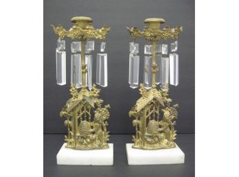 Beautiful Pair Antique Bronze Or Brass Girandoles Candle Holders With Prisms