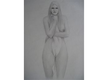 Full Body  Blonde  Female Nude  Clutching Towel 'CARRI'   Graphite Drawing 18x24'